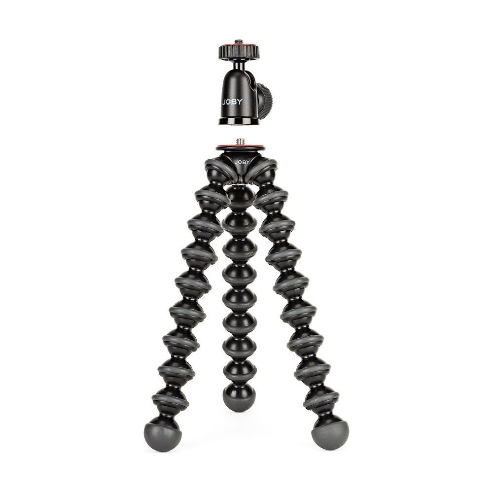 Ein schwarzer GorillaPod-Stativ mit flexiblen Beinen und einem oberen Kugelkopf.
