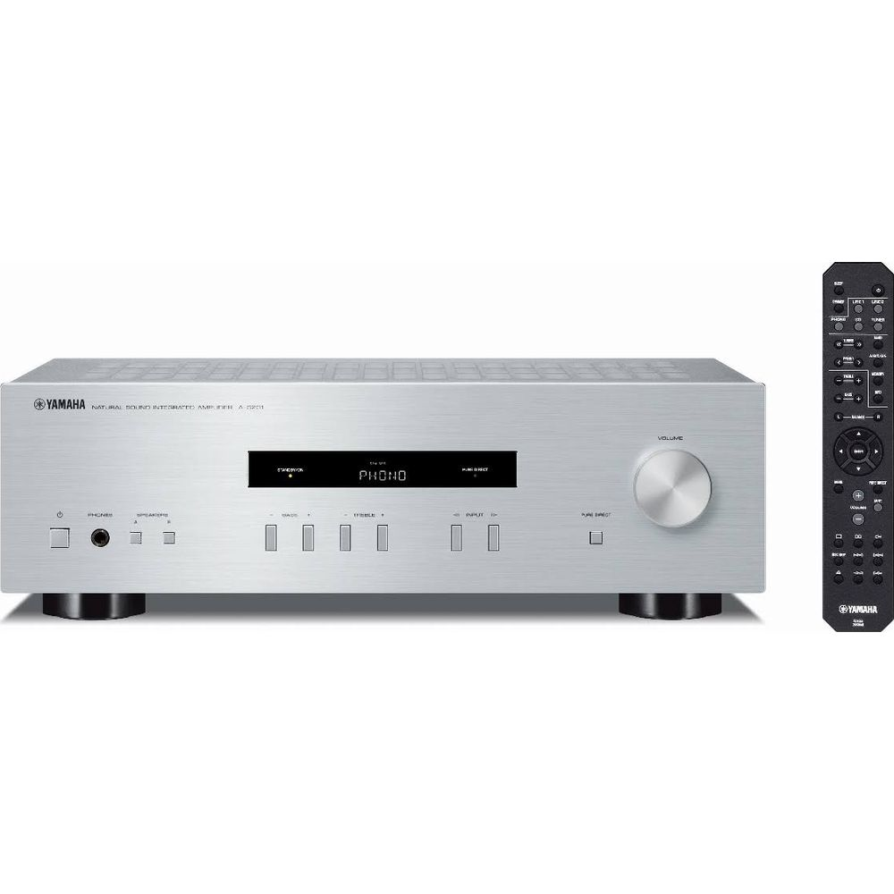 Gümüş Yamaha amfi, uzaktan kumandalı. 'PHONO' gösteriyor.