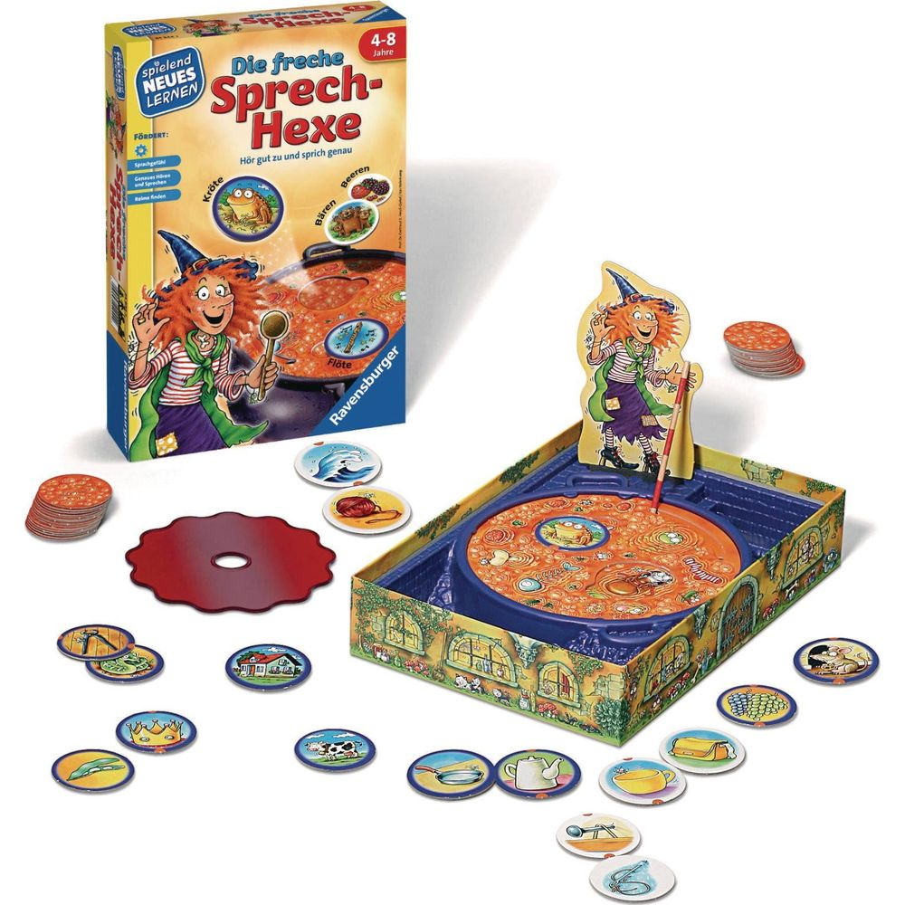 Das Spiel Die freche Sprech-Hexe mit Spielbrett, Karten und Spielfiguren.
