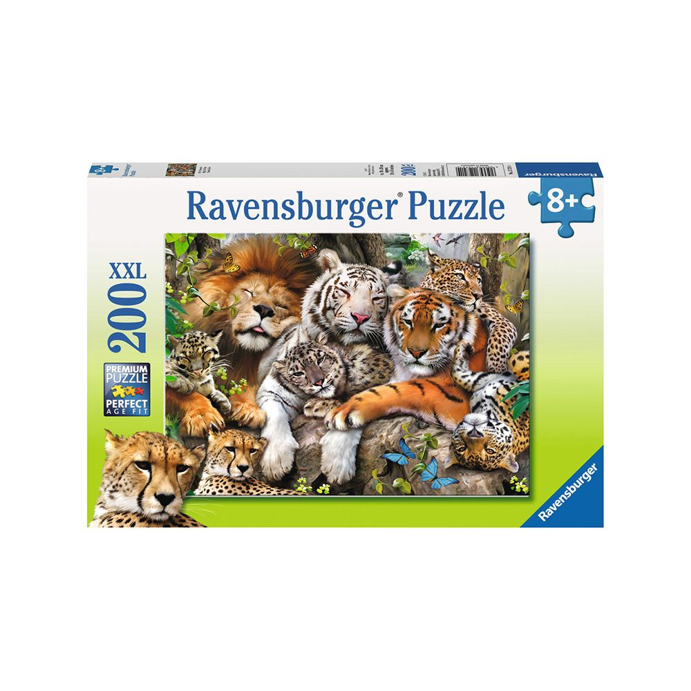 Scatola puzzle Ravensburger mostra vari grandi felini e un leone in un bosco.