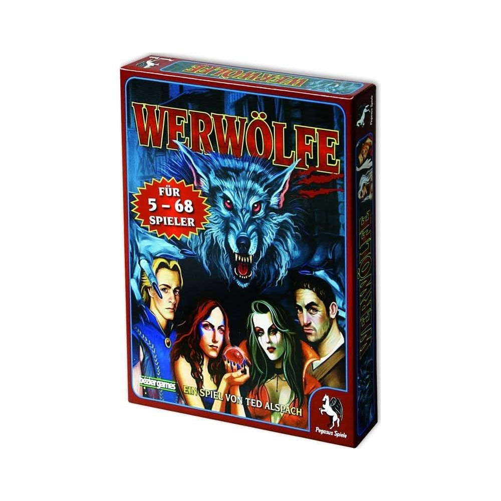 Brettspiel-Box "Werwölfe" mit einem Werwolfkopf und vier Personen.