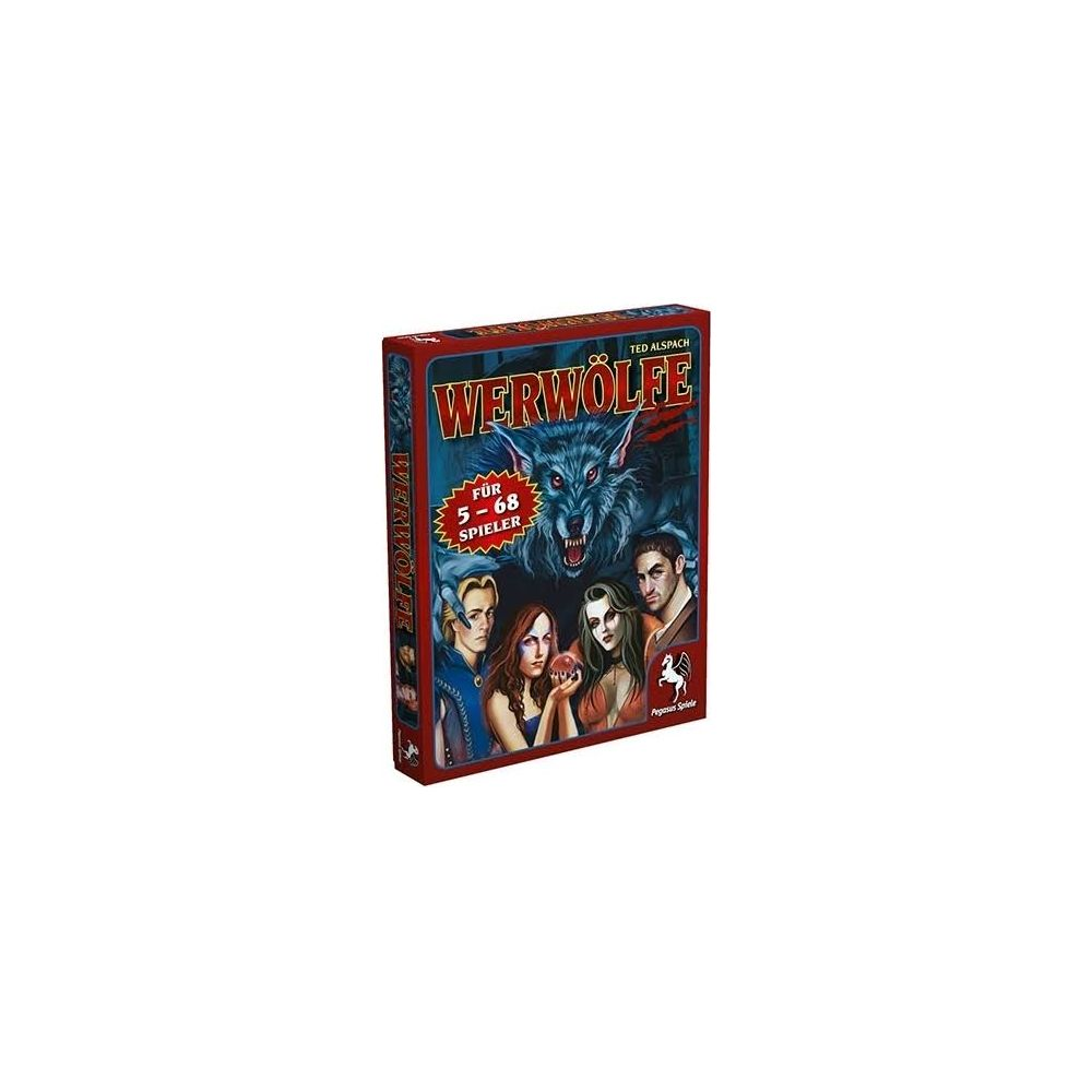 Brettspiel "Werwölfe" mit grimmigem Wolf und Spielern auf der Vorderseite.