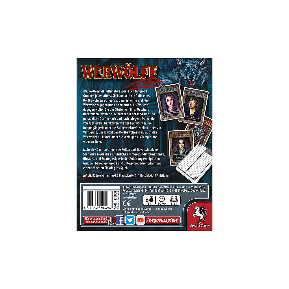 Werwölfe Brettspiel Cover mit Wolf und Charakterkarten.