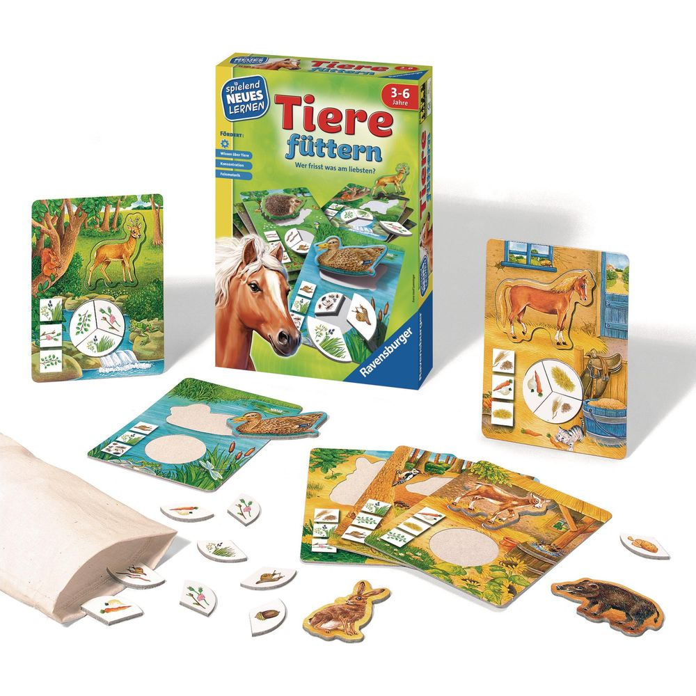 Ravensburger 'Tiere füttern' Spiel mit Tierkarten, Futterplättchen und Beutel.