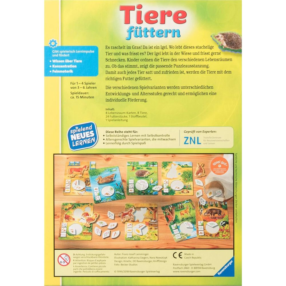Brettspiel: Tiere füttern, mit Spielbrettern, Tieren und Futterstücken.