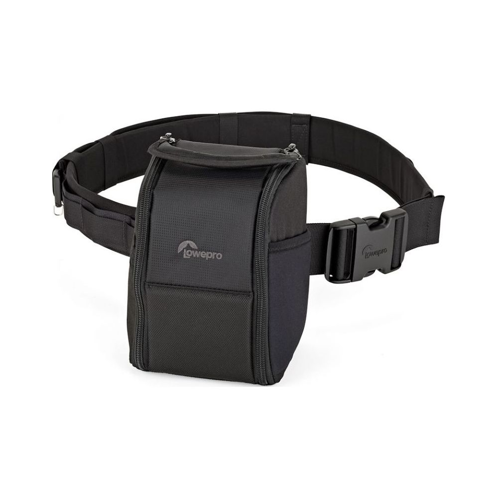 Schwarzer Kameragurt mit Tasche, Logo auf Tasche, weißer Hintergrund.