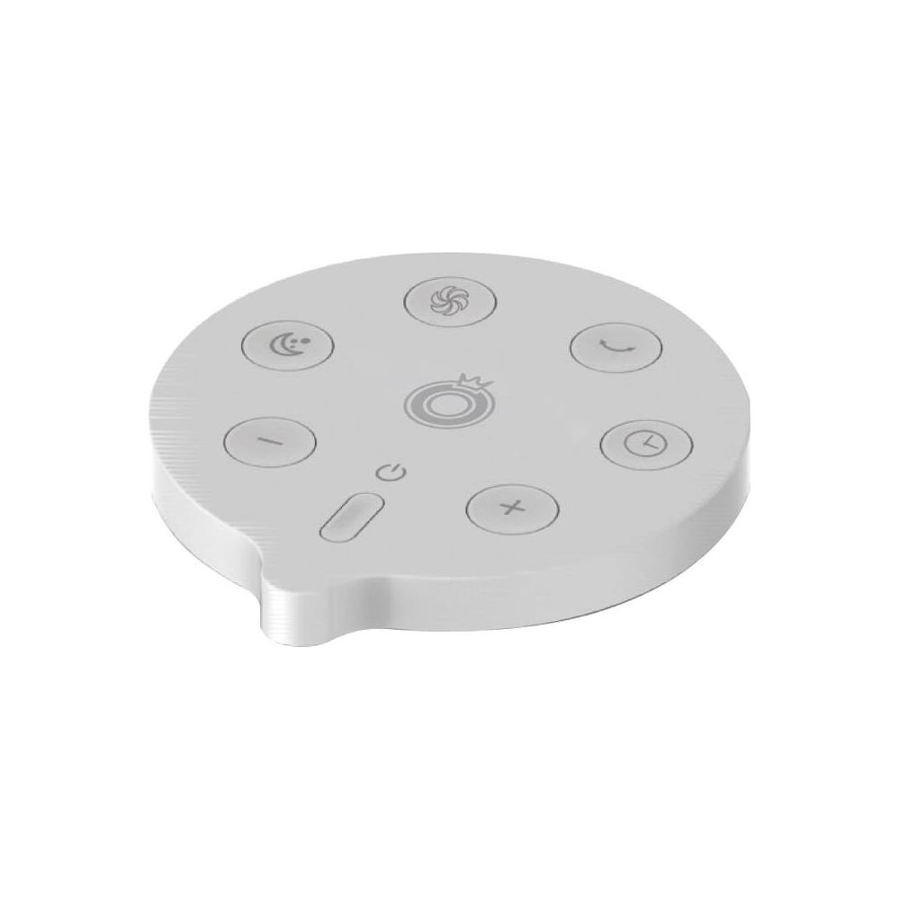 Ein weißes, rundes Steuergerät mit Symbolen für Ein/Aus, Lüfter, Timer und mehr.