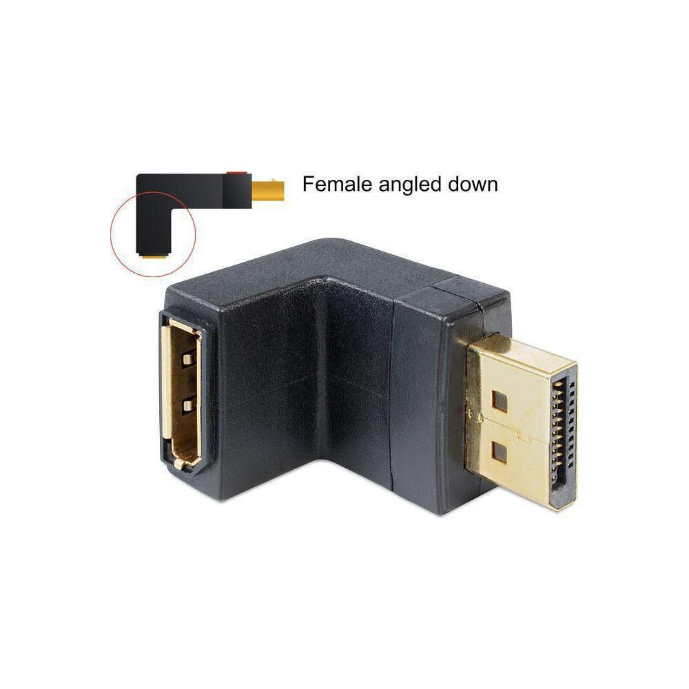 Un adattatore angolato nero con connettori dorati, che mostra connessioni DisplayPort femmina e maschio.