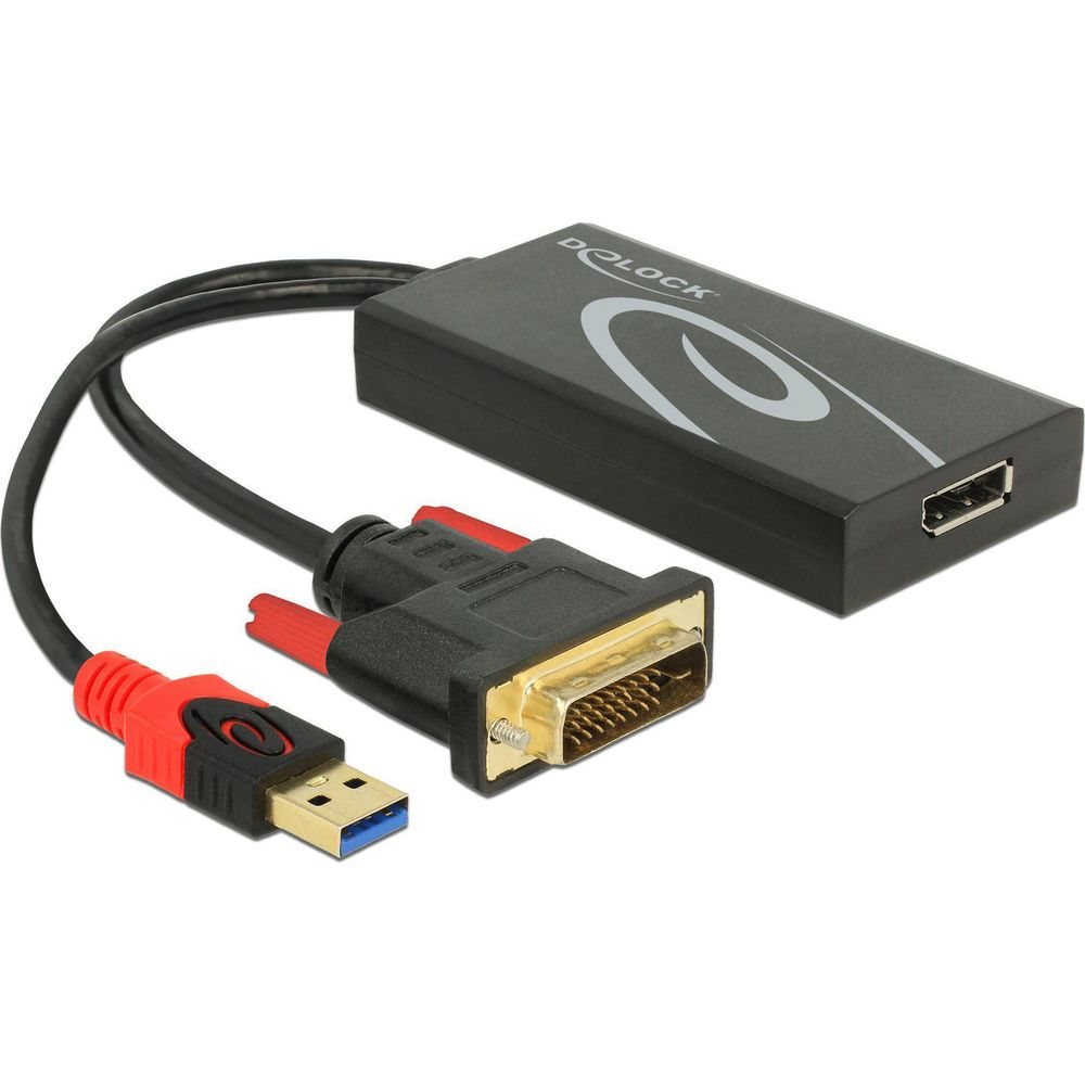 Ein schwarzer DVI-zu-USB-Adapter mit roten und schwarzen Anschlüssen auf weißem Hintergrund.