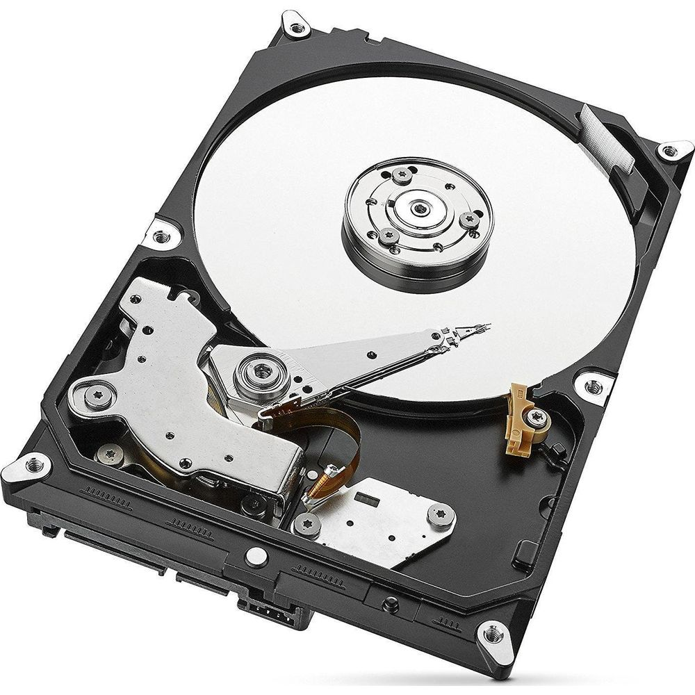 Un hard disk aperto che mostra un piatto lucido e testina di lettura/scrittura.