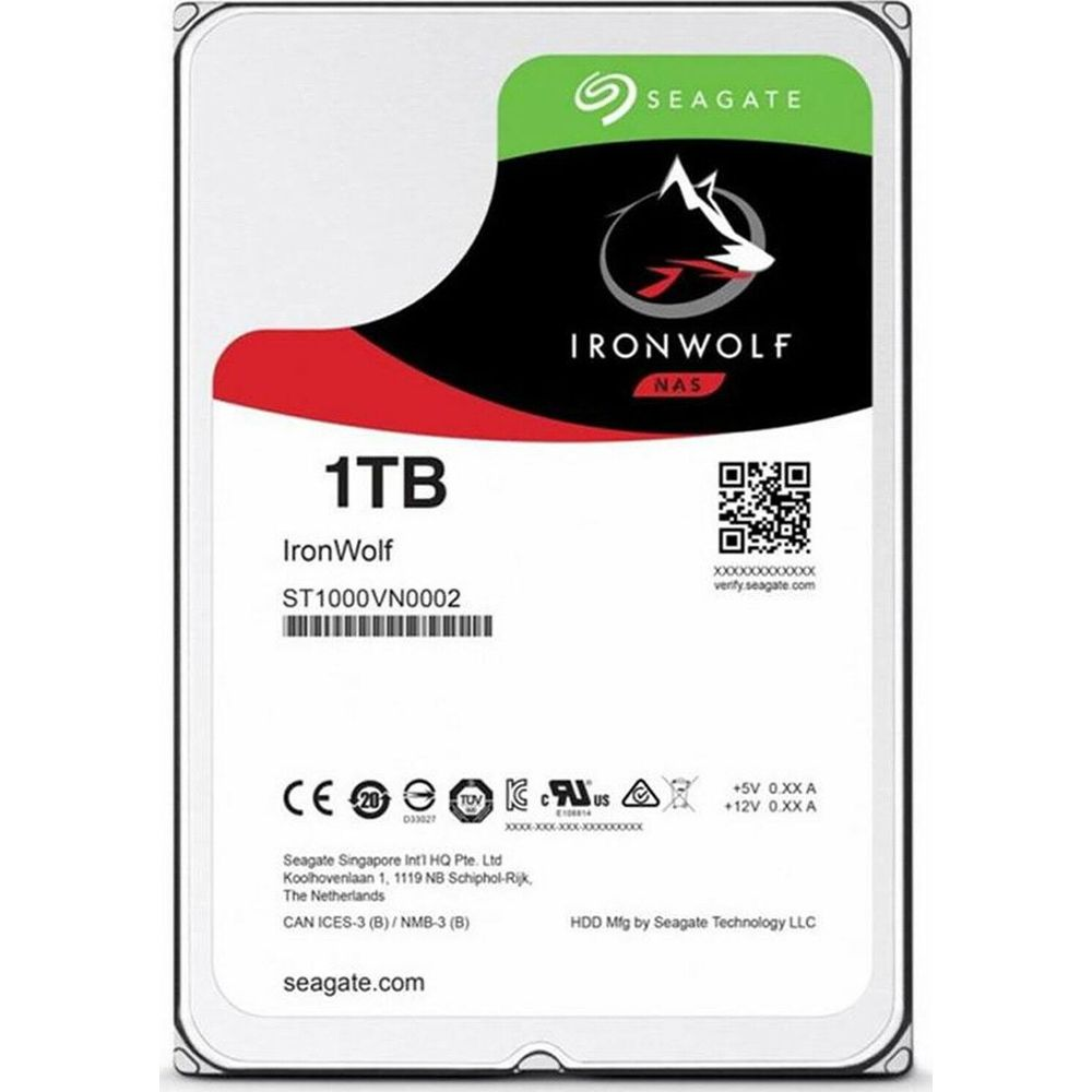 Hard disk Seagate IronWolf 1TB con logo NAS e certificazioni.