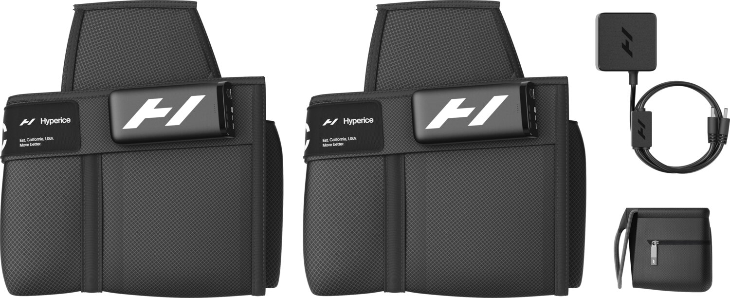 Deux sangles noires Hyperice avec batteries, câble de chargement et pochette.