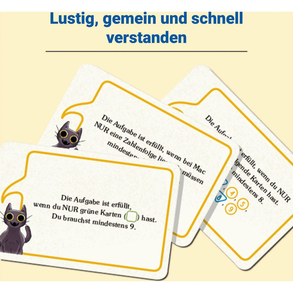 Spielkarten mit Katzen und Aufgabenstellungen in Deutsch.