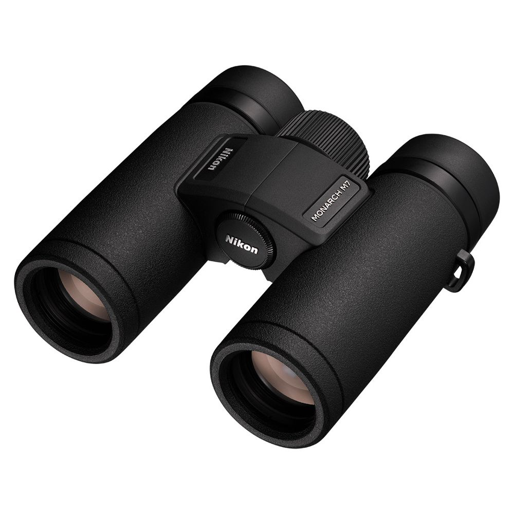 Binocolo Nikon Monarch M7 nero con rotella di messa a fuoco e lenti.