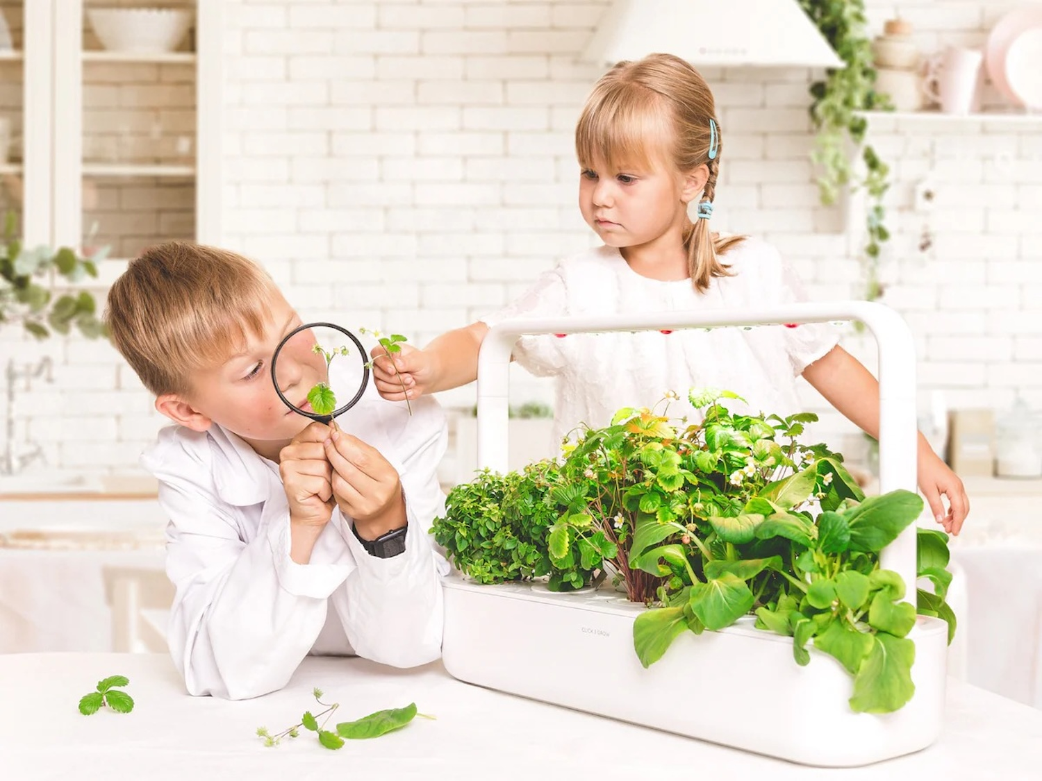 Boy in lab coat uses magnifying glass on plant beside girl and indoor garden.