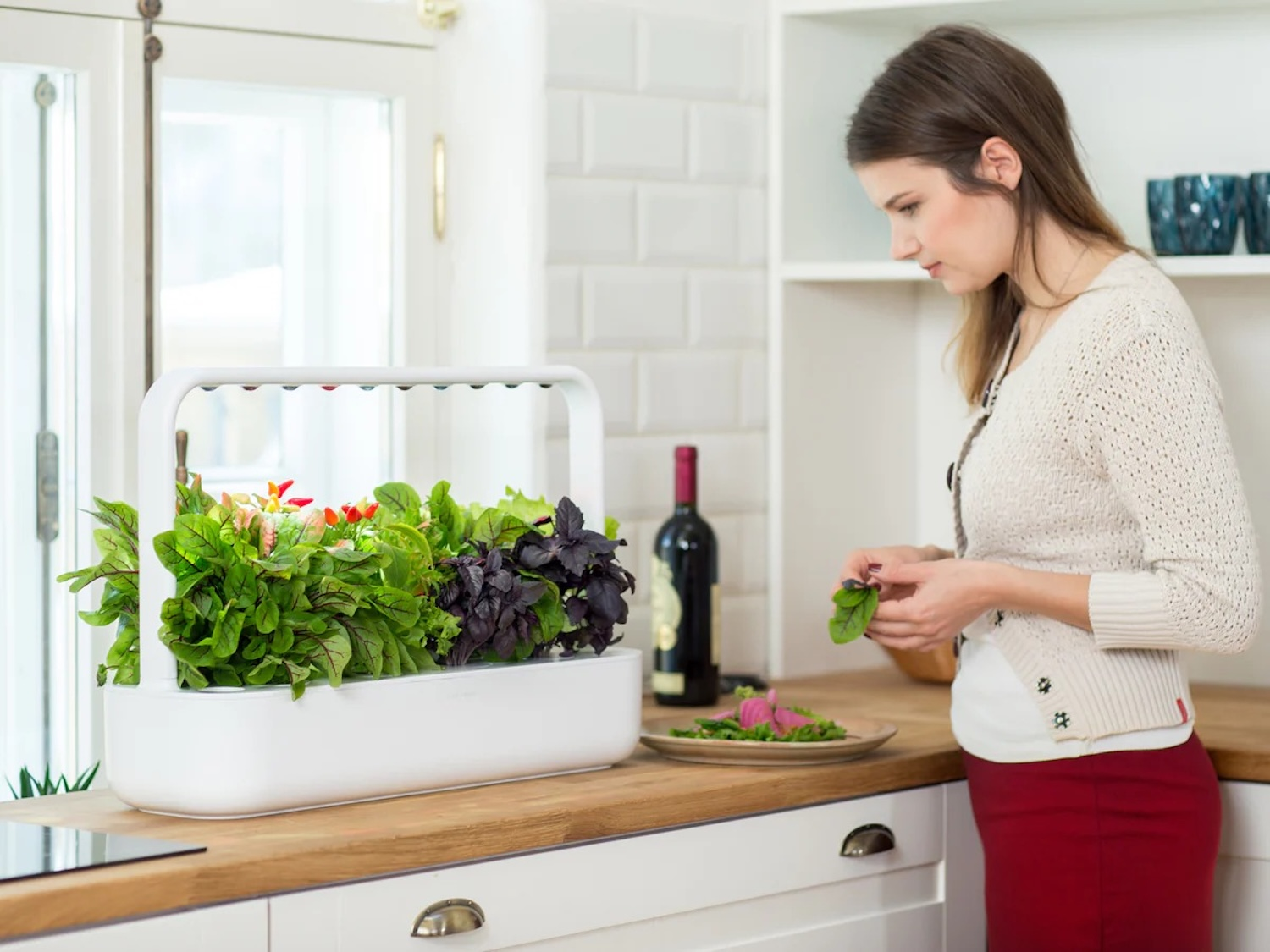 Woman in kitchen picks greens from indoor garden, wine bottle nearby.