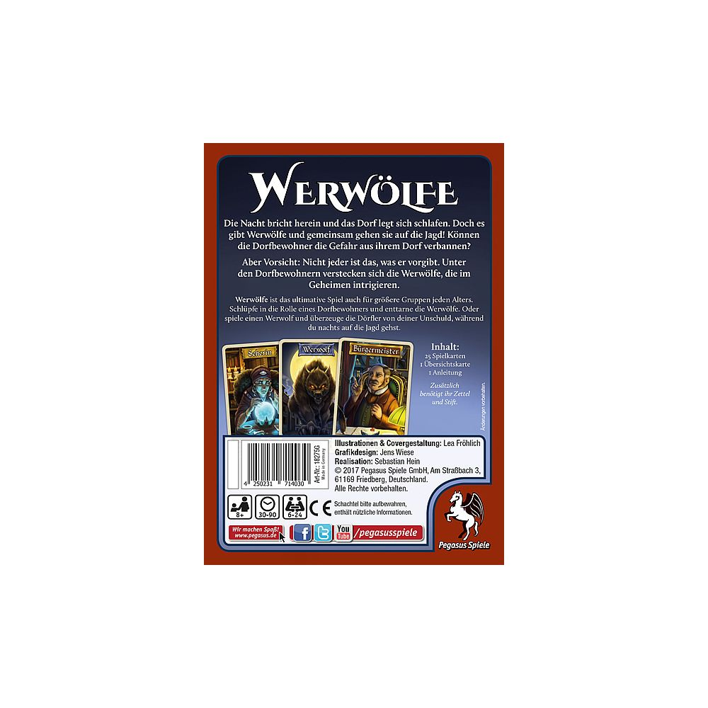 Art de la boîte du jeu de société Werwölfe avec titre, description et cartes.