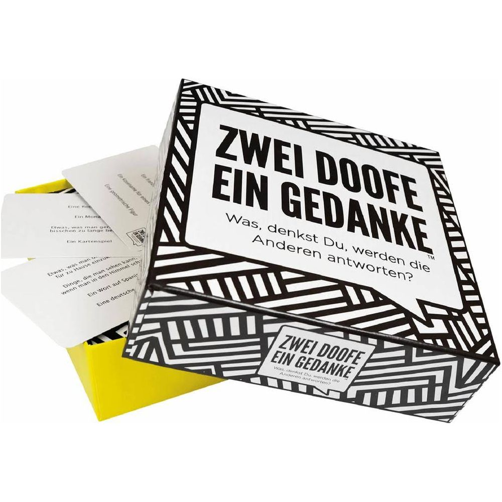 Un gioco di carte intitolato 'Zwei doofe ein Gedanke' in una scatola gialla.