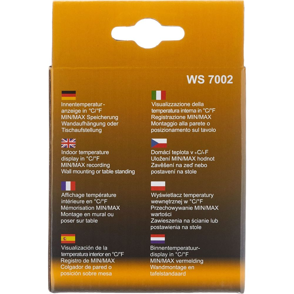Verpackung mit mehrsprachiger Anzeige von Temperatur und Montageoptionen.