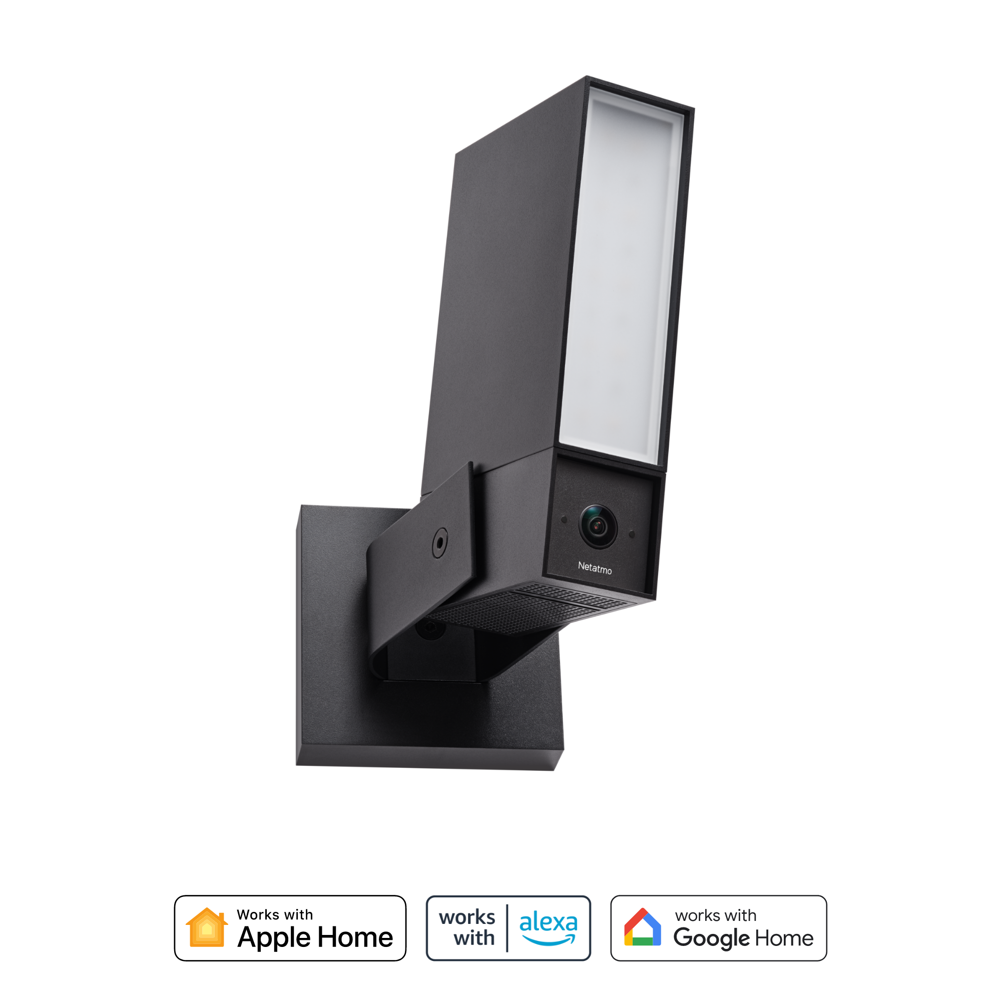 A black outdoor camera with a light and compatibility logos for Apple, Alexa, and Google.