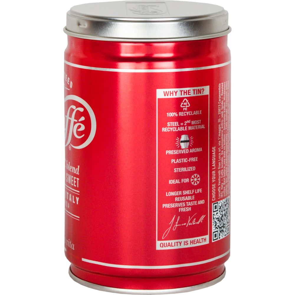 Rote Kaffe Dose mit silbernem Deckel und Aufdruck.