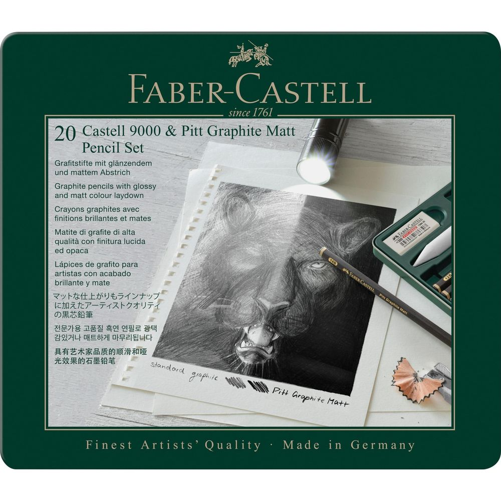 Faber-Castell Stifte-Set mit Löwenzeichnung, Stiften und Spitzer.