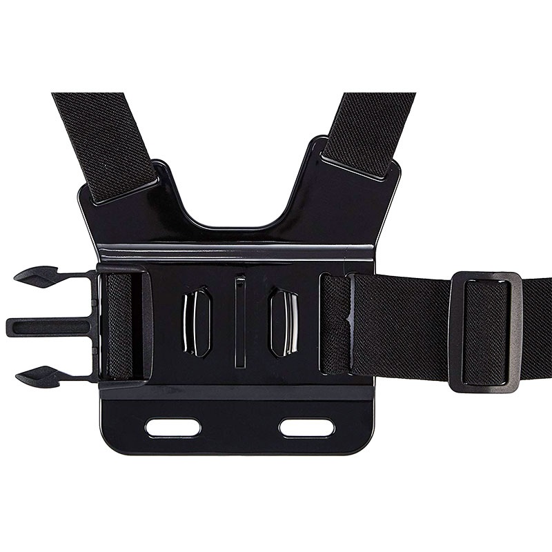 Black chest mount harness with buckles and straps for an action camera.