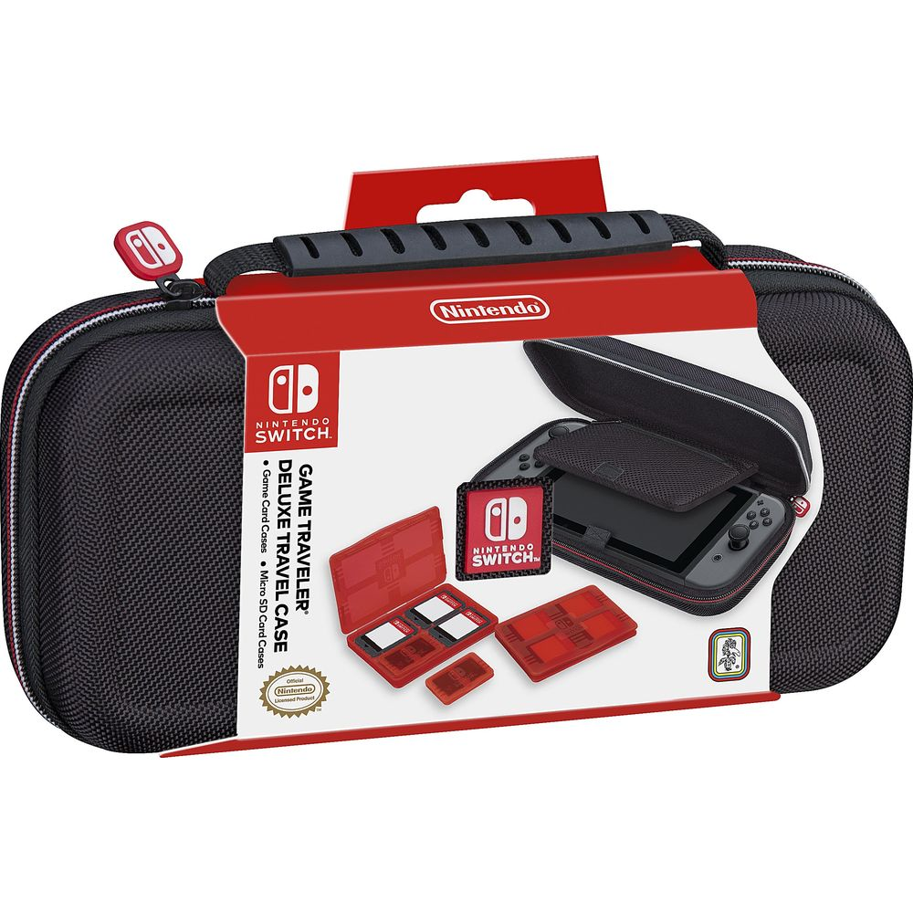 Custodia da viaggio nera per Nintendo Switch con cerniera e maniglia rosse. Include console Switch e accessori.
