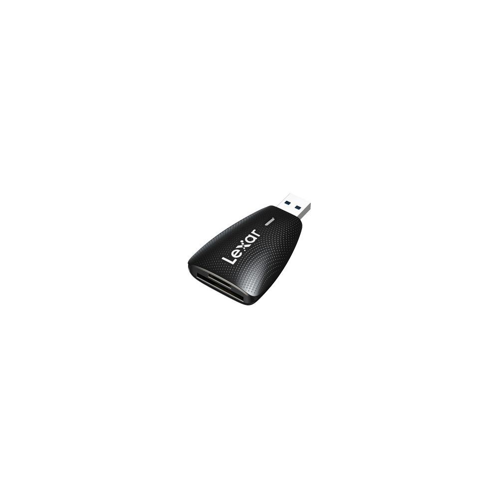 Schwarzer Lexar USB-Stick mit SD-Kartensteckplatz, auf weißem Hintergrund.