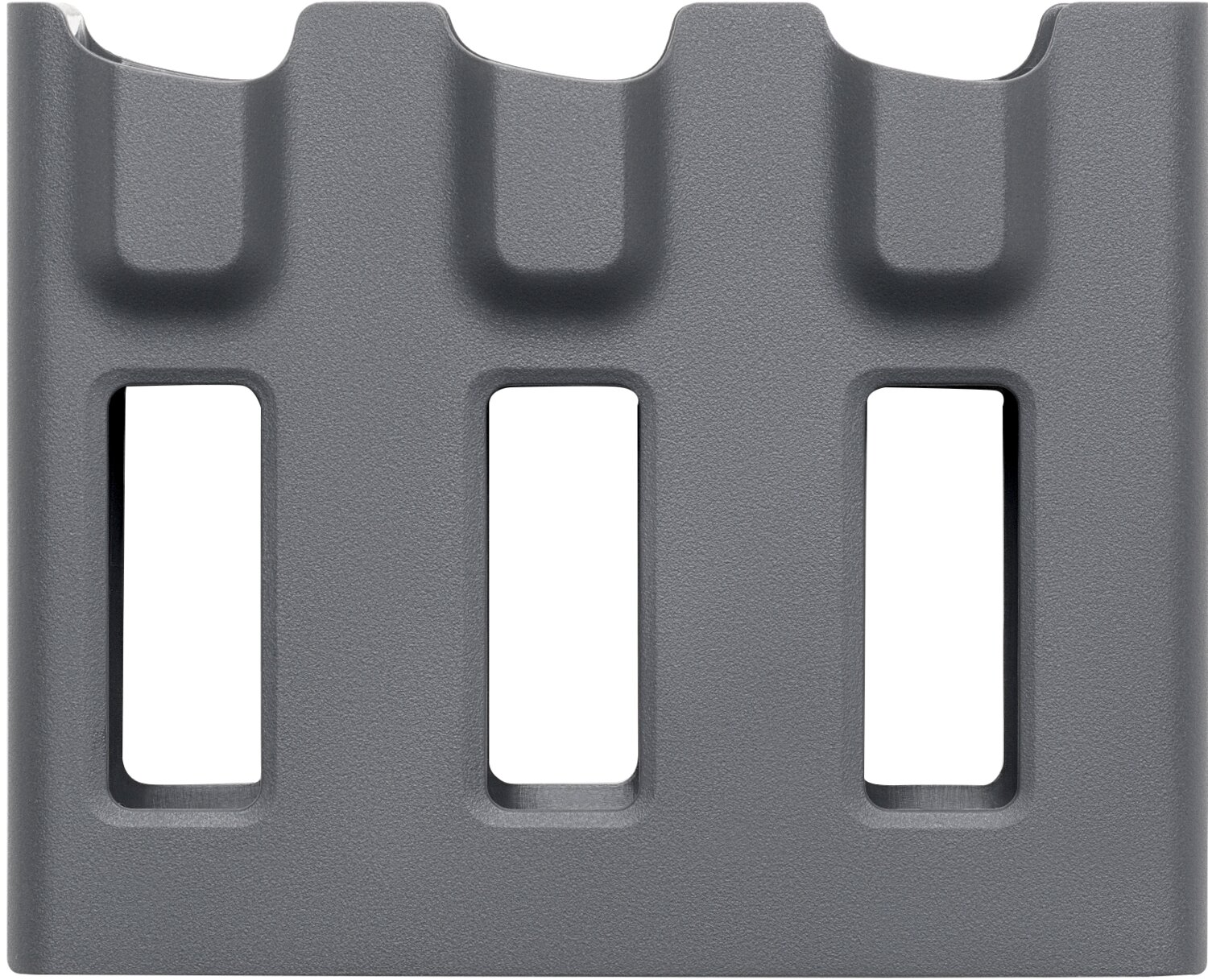 Supporto grigio con tre fessure verticali e bordi superiori arrotondati.