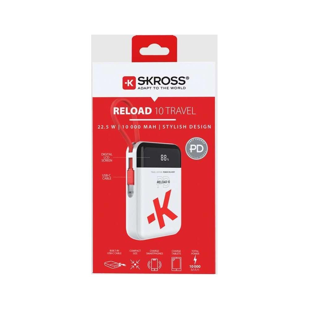 Emballage d'une banque d'alimentation SKROSS blanche avec accents rouges et logo PD.