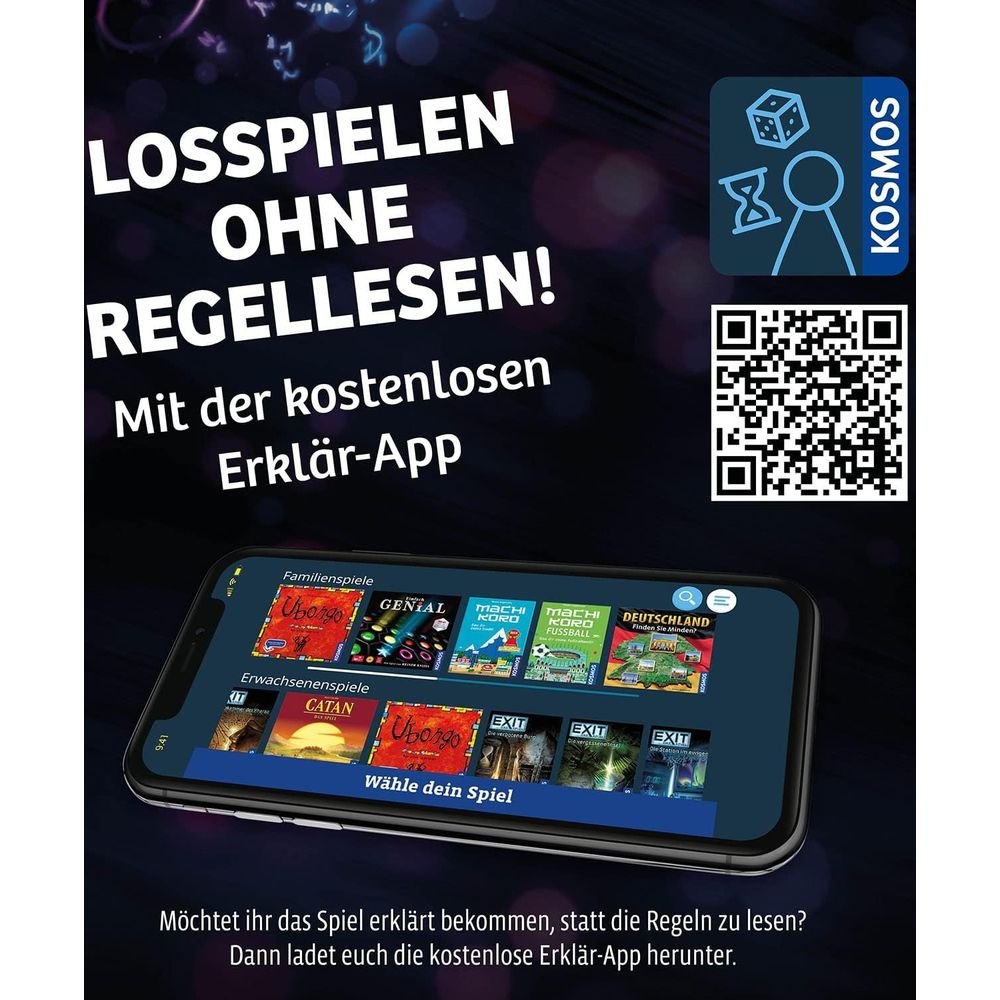 Handy zeigt Spiele-App mit Titeln wie Ubongo, Catan, Exit. Text: Spielen ohne Regeln lesen!