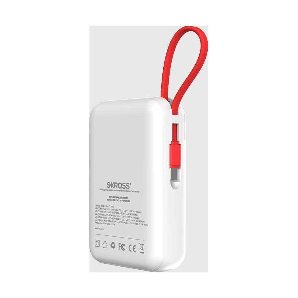 Batterie externe blanche avec lanière rouge et port USB-C. Étiquette visible.