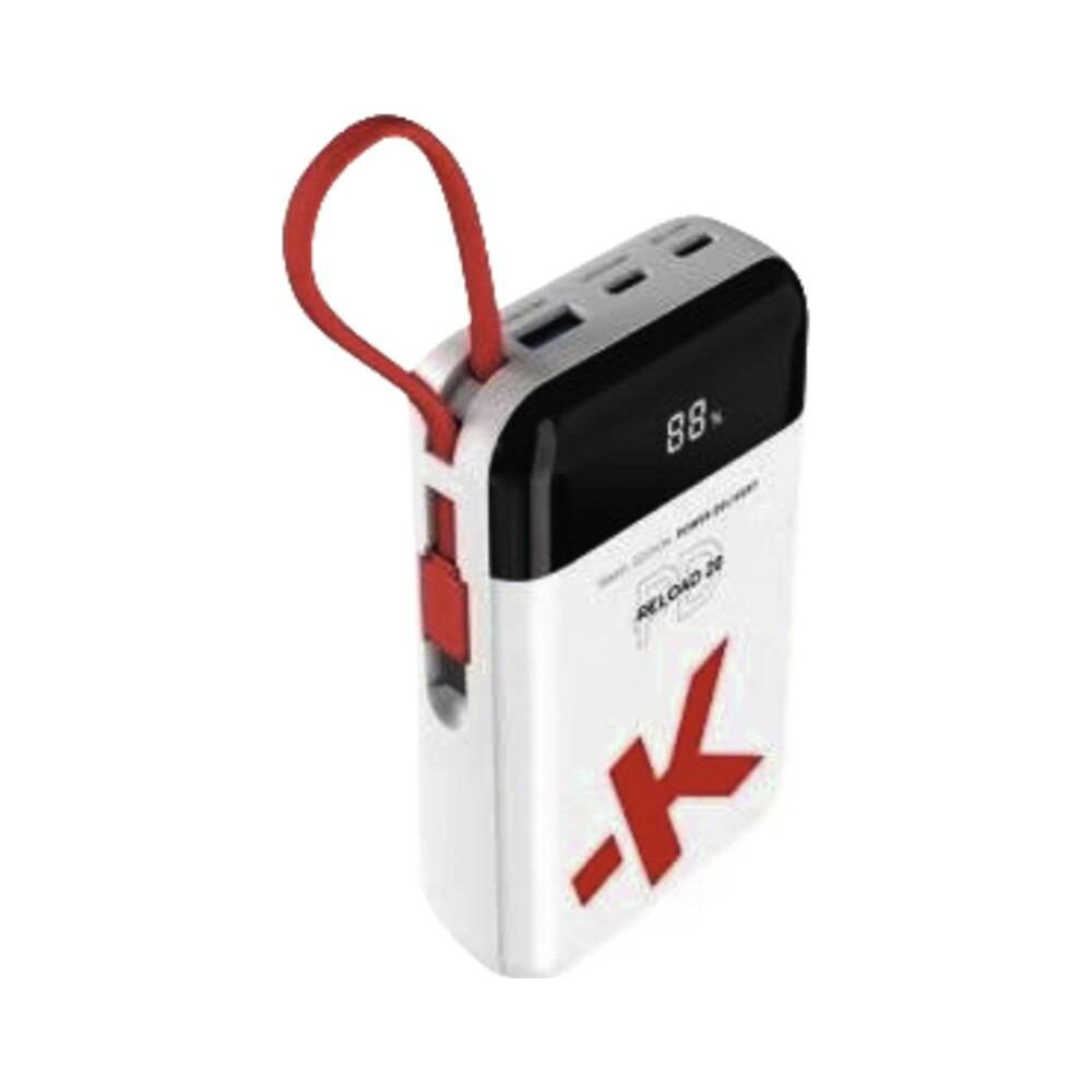 Une banque d'alimentation blanche avec un bracelet rouge et un écran noir affichant 88%.
