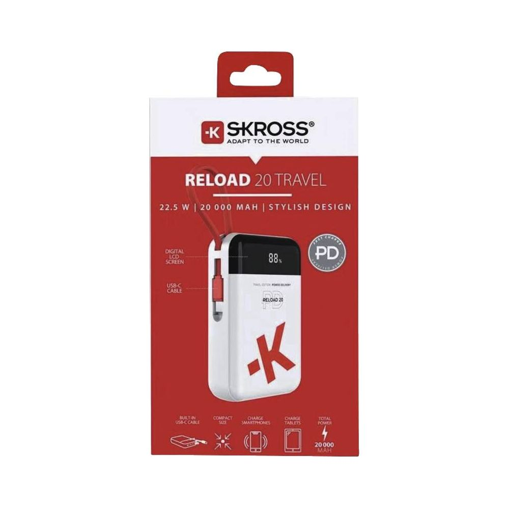 Batterie externe blanche avec logo K rouge, chargée à 88%, sur emballage rouge