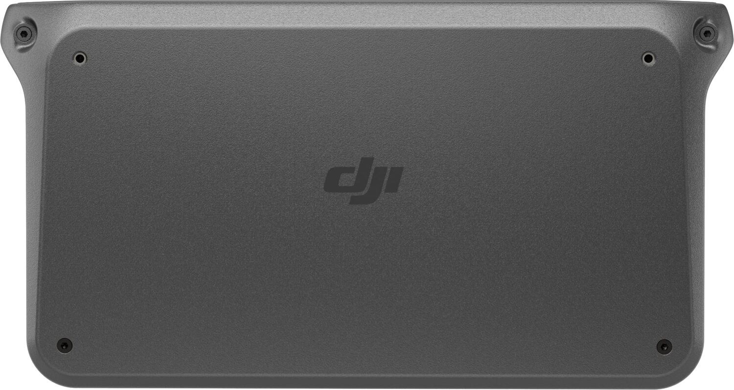 Graues rechteckiges Gehäuse mit DJI-Logo in der Mitte. Vier Schrauben an den Ecken.