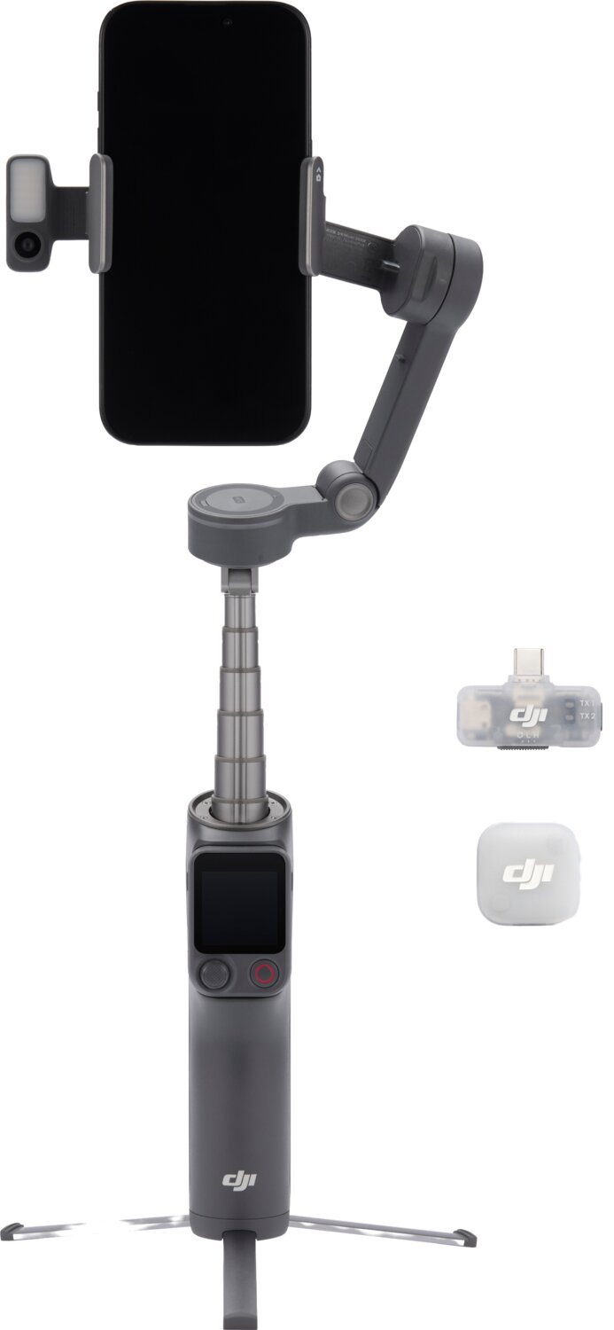 Grauer Gimbal mit Smartphone, kleinem Stativ und Zubehör.