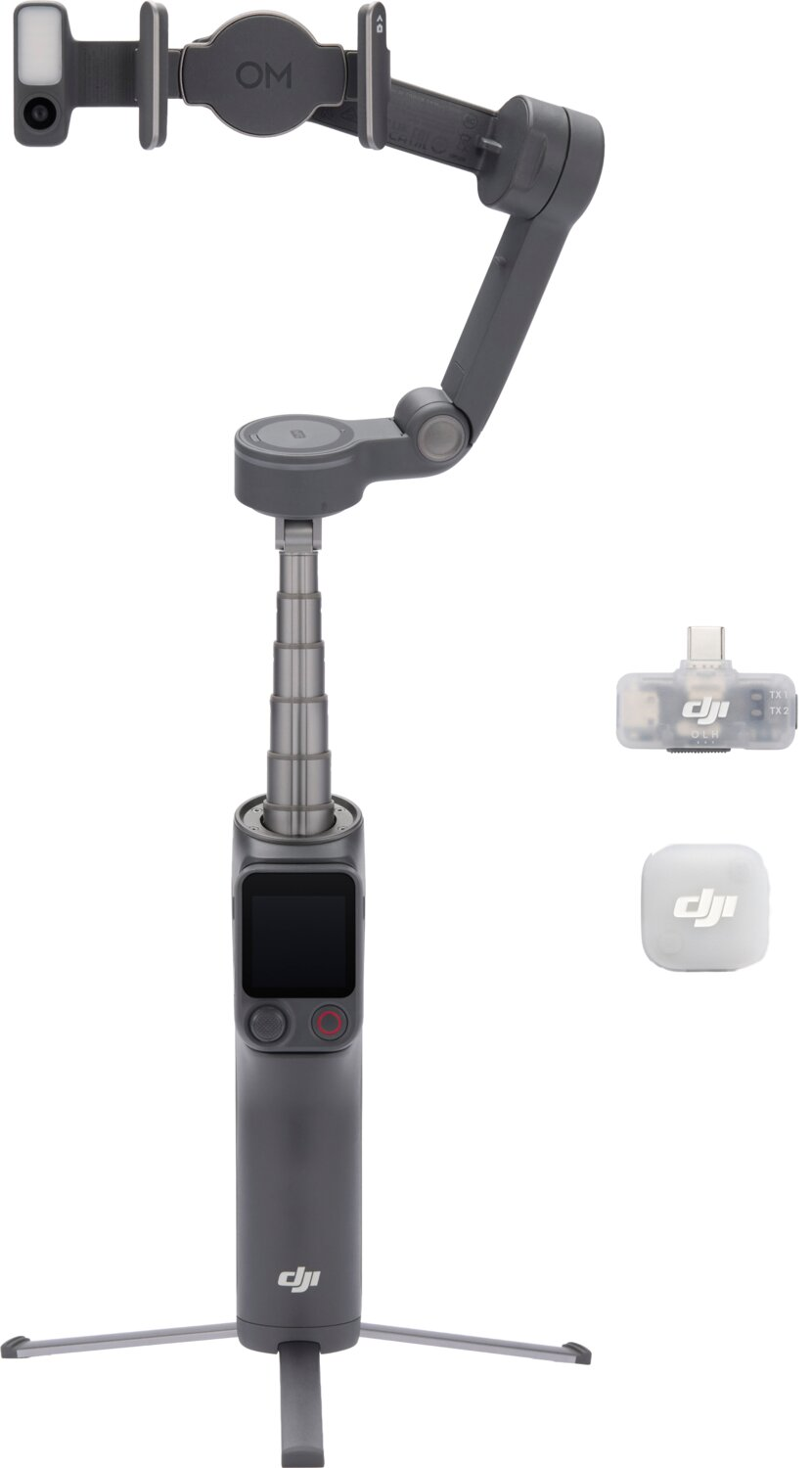 Grauer Gimbal mit ausziehbarem Stab, kleinem Bildschirm, Zubehör auf weißem Hintergrund.