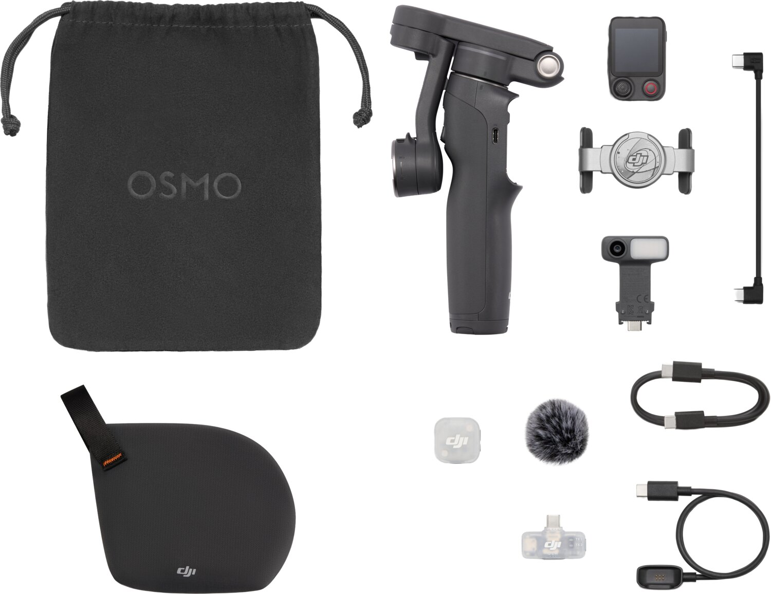 Ein Osmo-Gimbal-Kit mit schwarzer Tasche, Griff, Lichtern, Mikrofon und Kabeln.