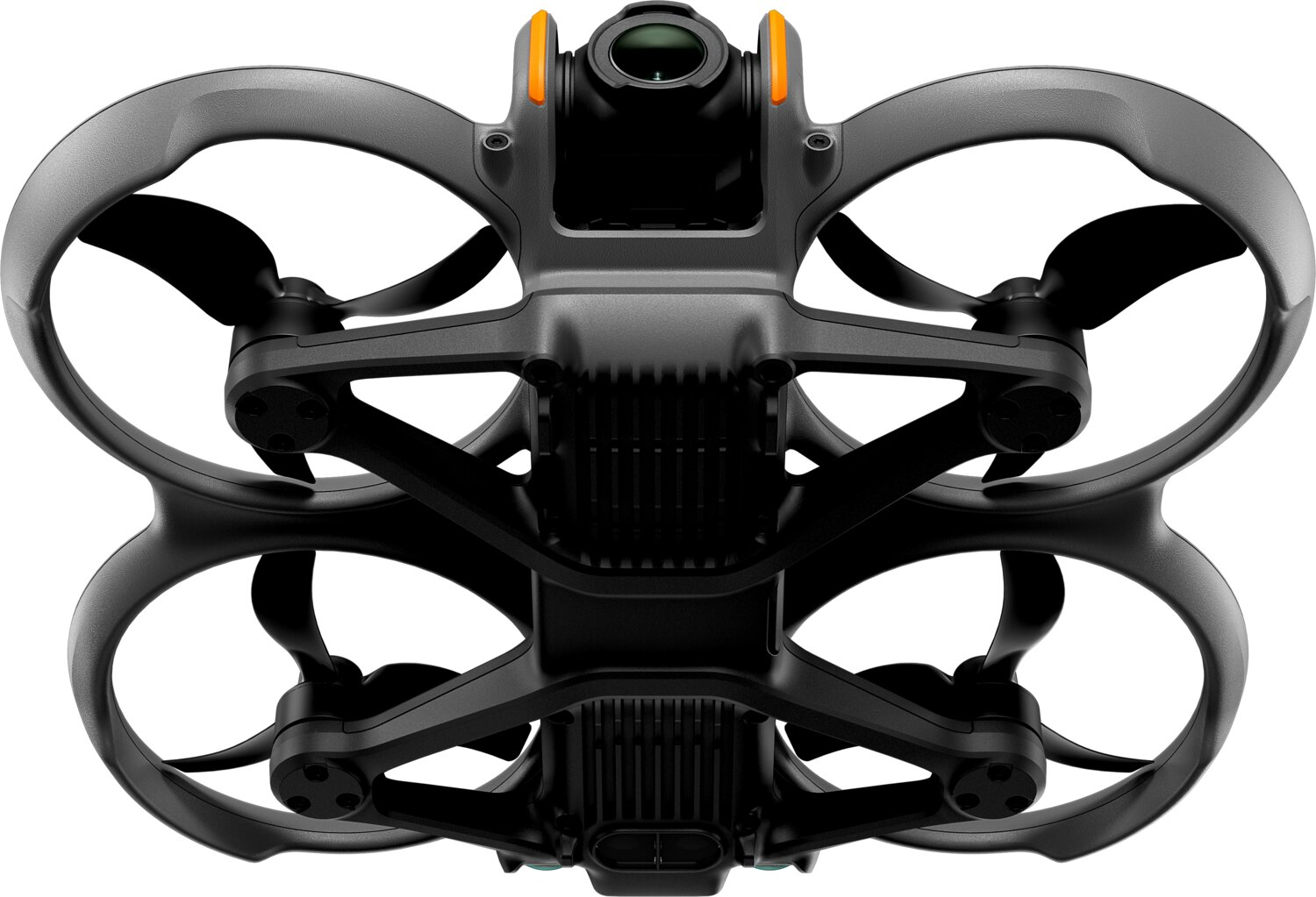 Drone nero con eliche e telecamera, sfondo bianco.