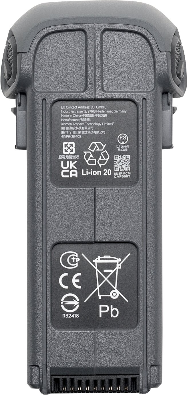 Szary akumulator z oznaczeniami: kontakt UE, Made in China, Li-ion 20, CE, Pb.