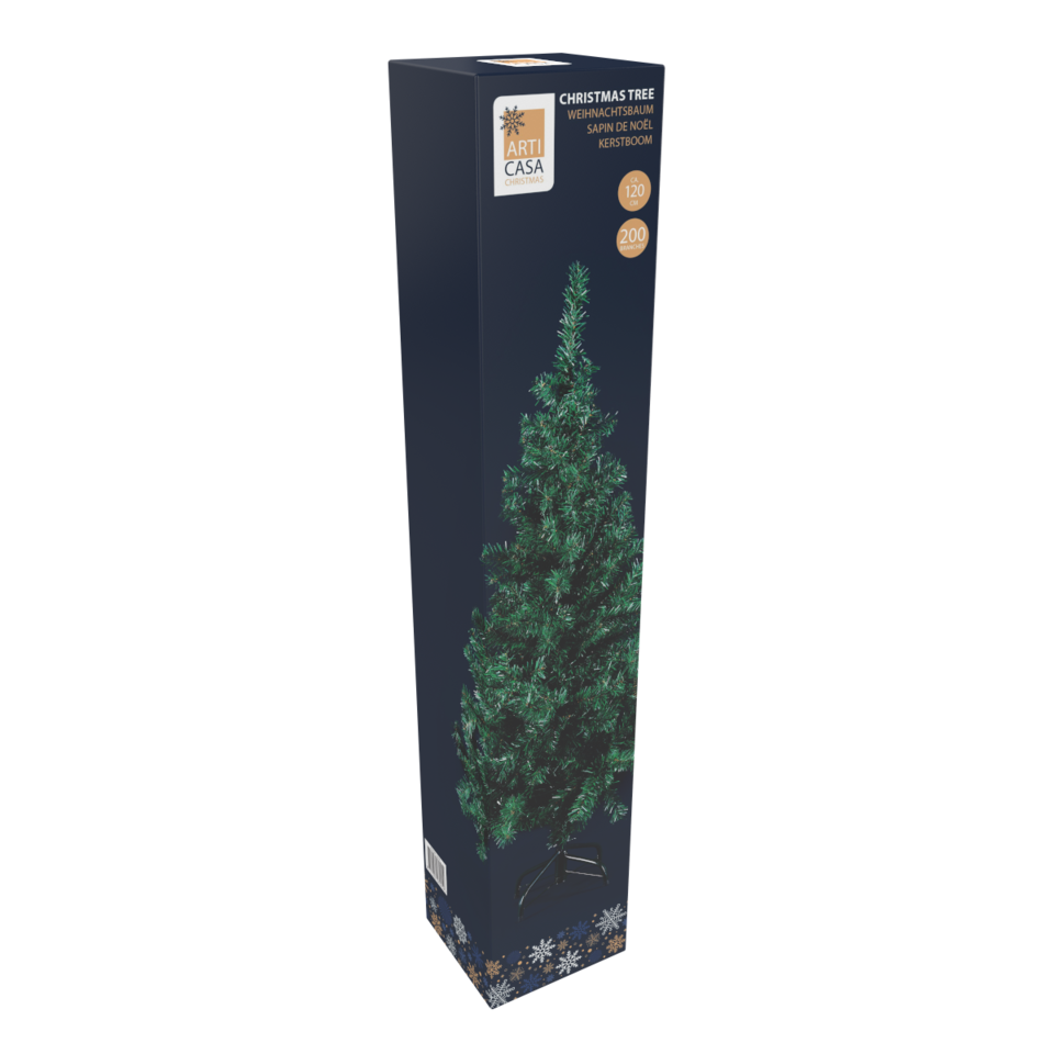 Boxed artificial Christmas tree with snowflake pattern on the bottom.