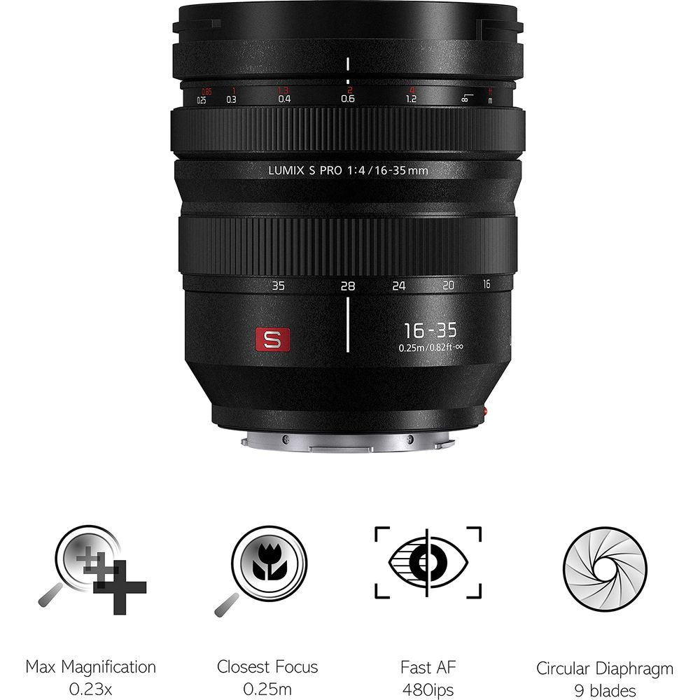 Ein schwarzes Lumix S Pro 1:4/16-35mm Objektiv mit Details zu Vergrößerung, Fokus und Blende.