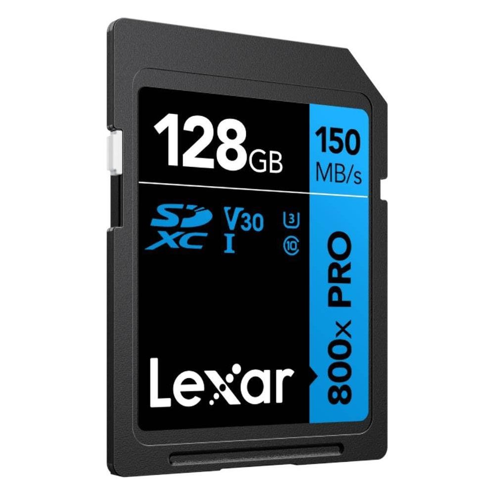 Lexar 128GB SDXC Speicherkarte mit 150 MB/s und 800x Pro Schriftzug.