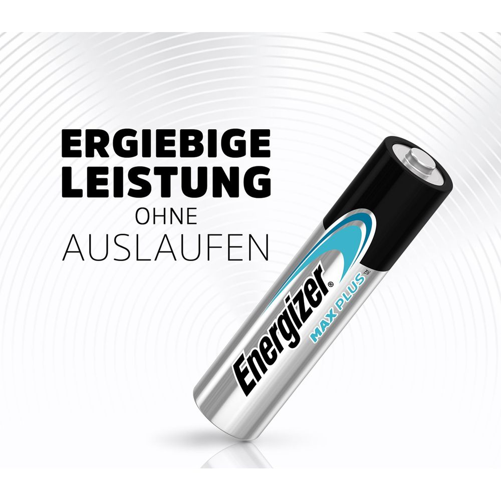 Energizer Max Plus AA Batterie mit Text 'Ergiebige Leistung ohne Auslaufen'.