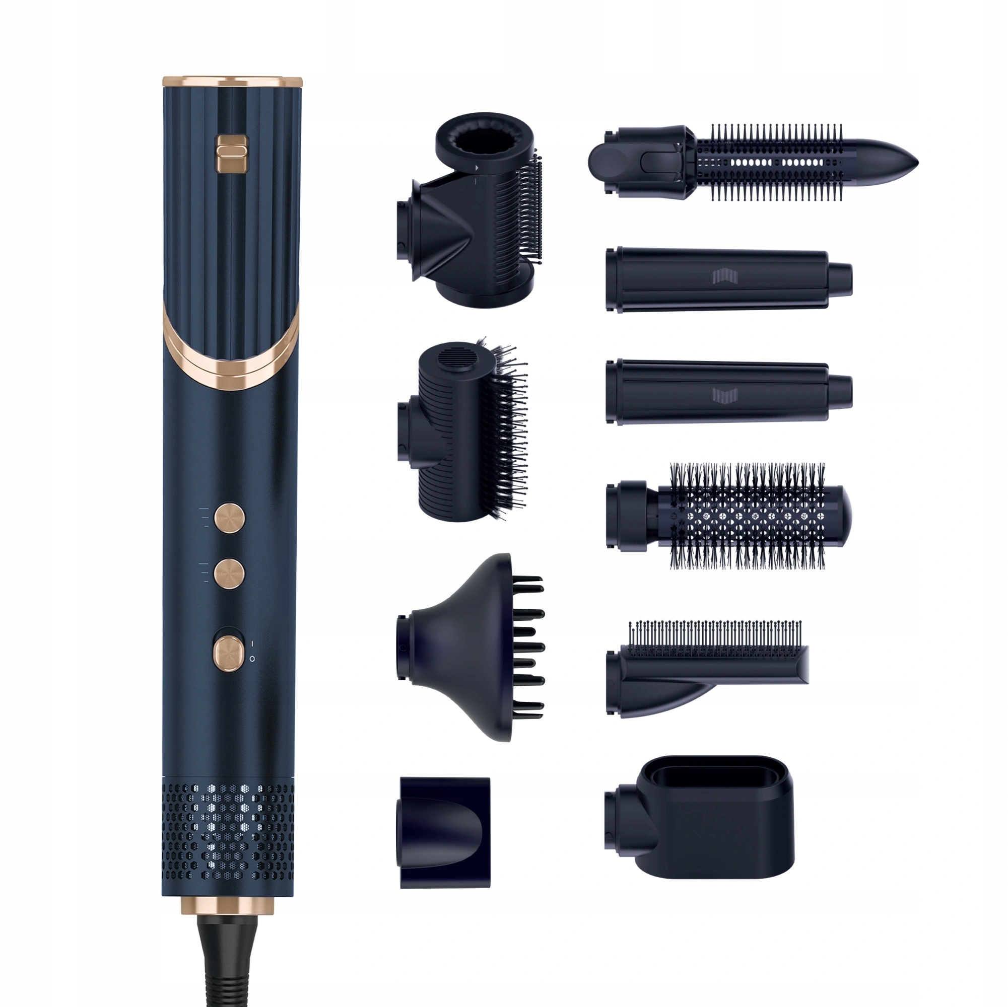 Un set asciugacapelli blu con accenti dorati e diversi accessori.
