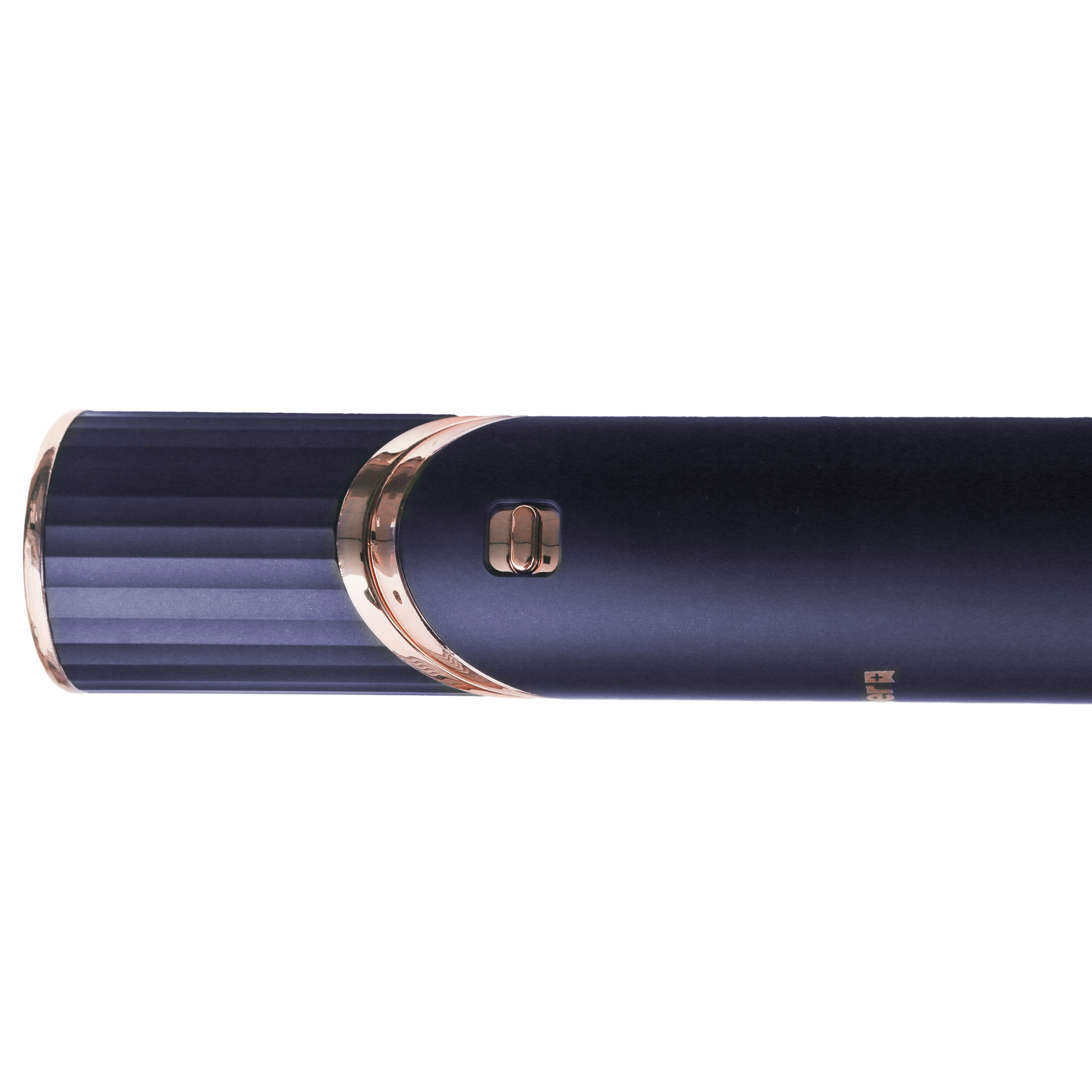 Dispositivo blu scuro ed elegante con finiture dorate e un pulsante.
