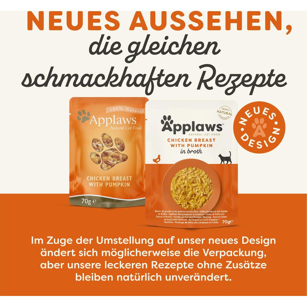 Comida para gatos Applaws: pechuga de pollo con calabaza en dos envases, nuevo diseño.