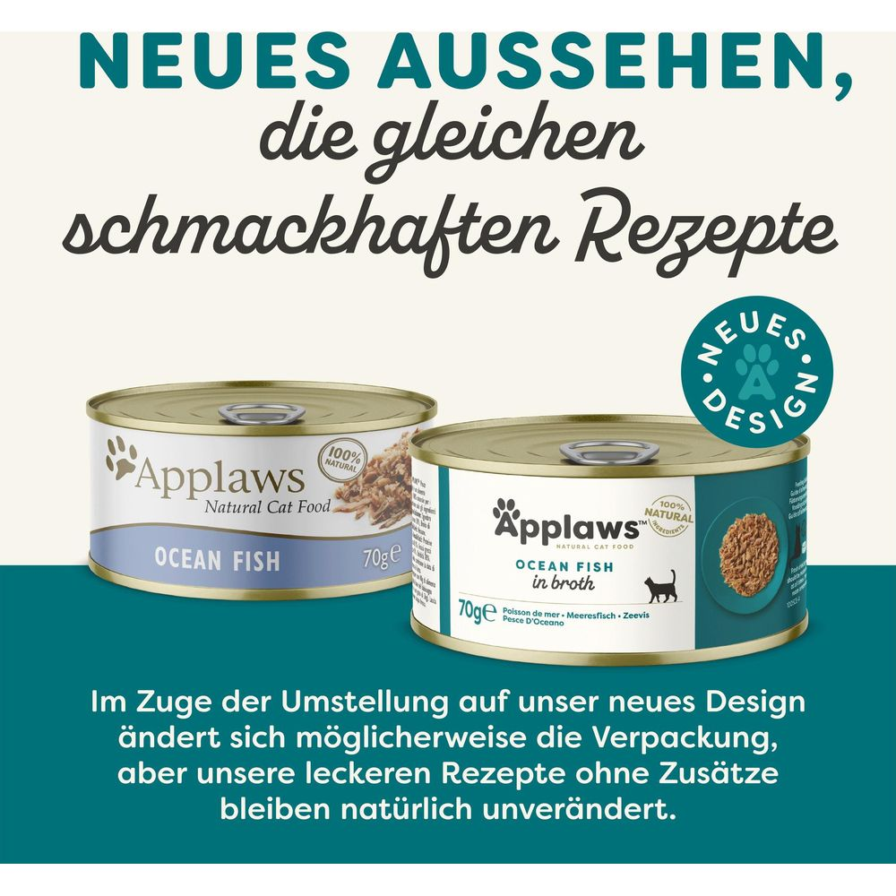 Zwei Dosen Applaws Katzenfutter mit "Ocean Fish" und "Neues Design" Aufschrift.