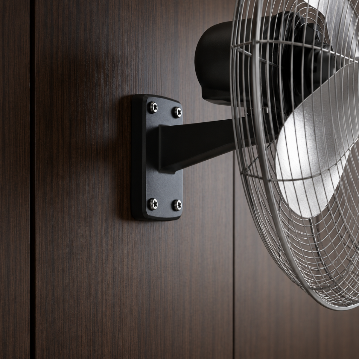 Un ventilatore da parete nero con pale argentate montato su una superficie di legno scuro.